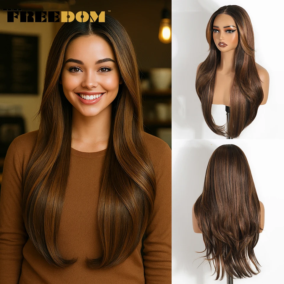 FREEDOM الاصطناعية الدانتيل الجبهة الباروكات للنساء طويل مستقيم الطبقات 6x4 قبل قطعها شعر مستعار أومبير براون ارتداء والذهاب غلويليس شعر مستعار دانتيل #1