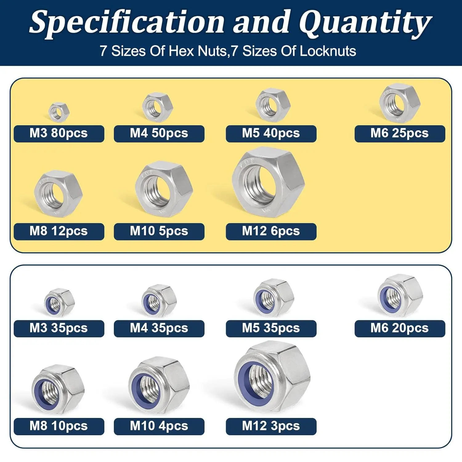 360 Uds 304 Material M3-M12 tuerca hexagonal métrica y kit de combinación de tuerca de bloqueo