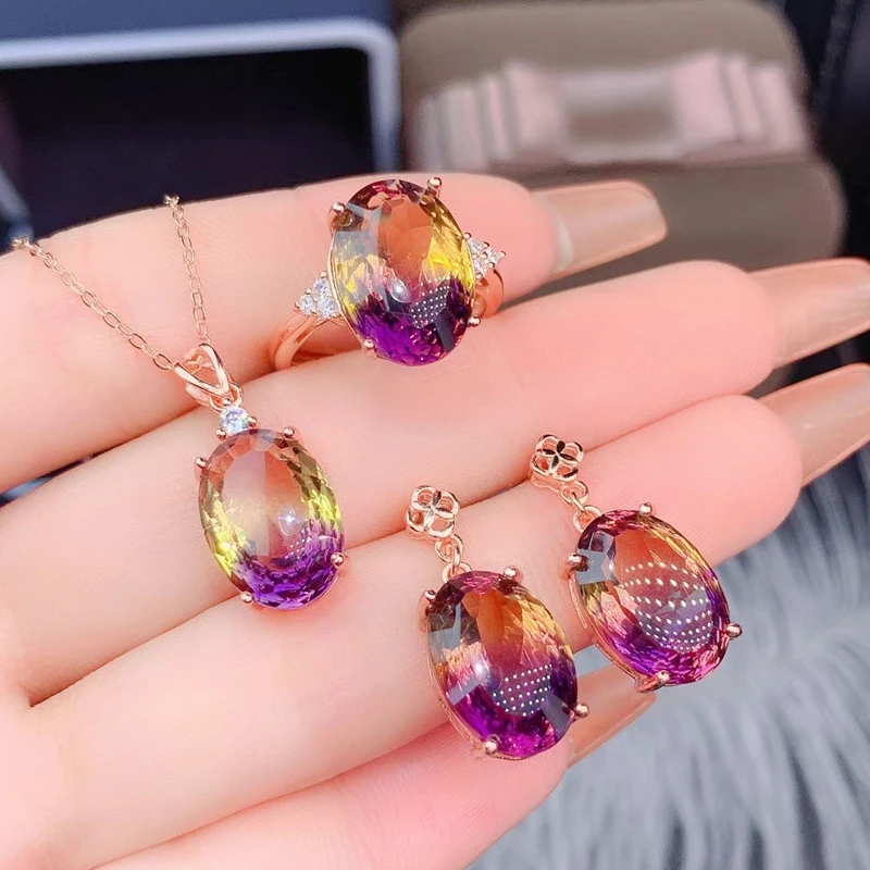 MeiBaPJ Natural High Quality Ametrine Gemstone Fine Wedding Jewelry Set 925 Pure Silver Necklace Ring Earrings Suit for Women