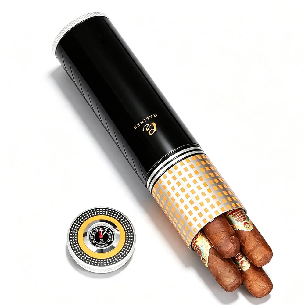 Galiner Metal Cigar Tube Jar Portable Fit About 5 Cigars Humidor Box With Hygrometer Humidor Portable Vertical Cigar Case