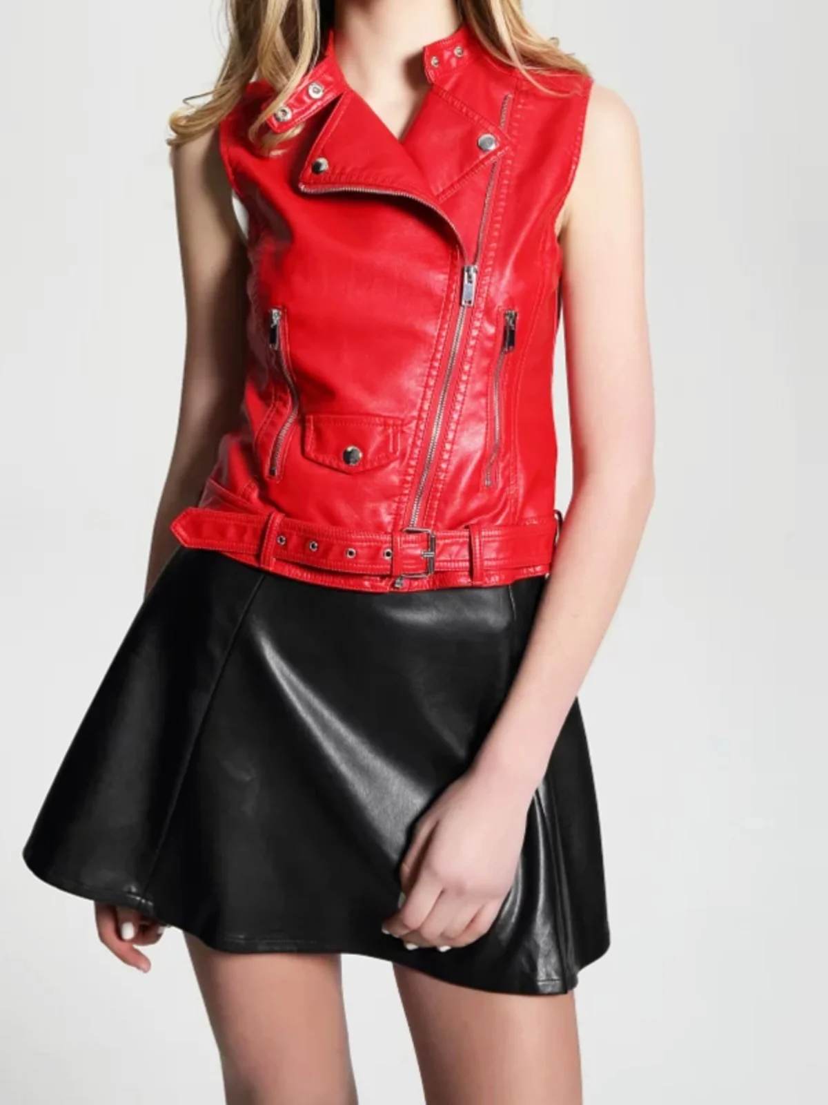 

Spring Autumn Women's Zipper ort Svel PU Leather Vest High Waist Slim Fit Windproof Jaet Street Sle Color