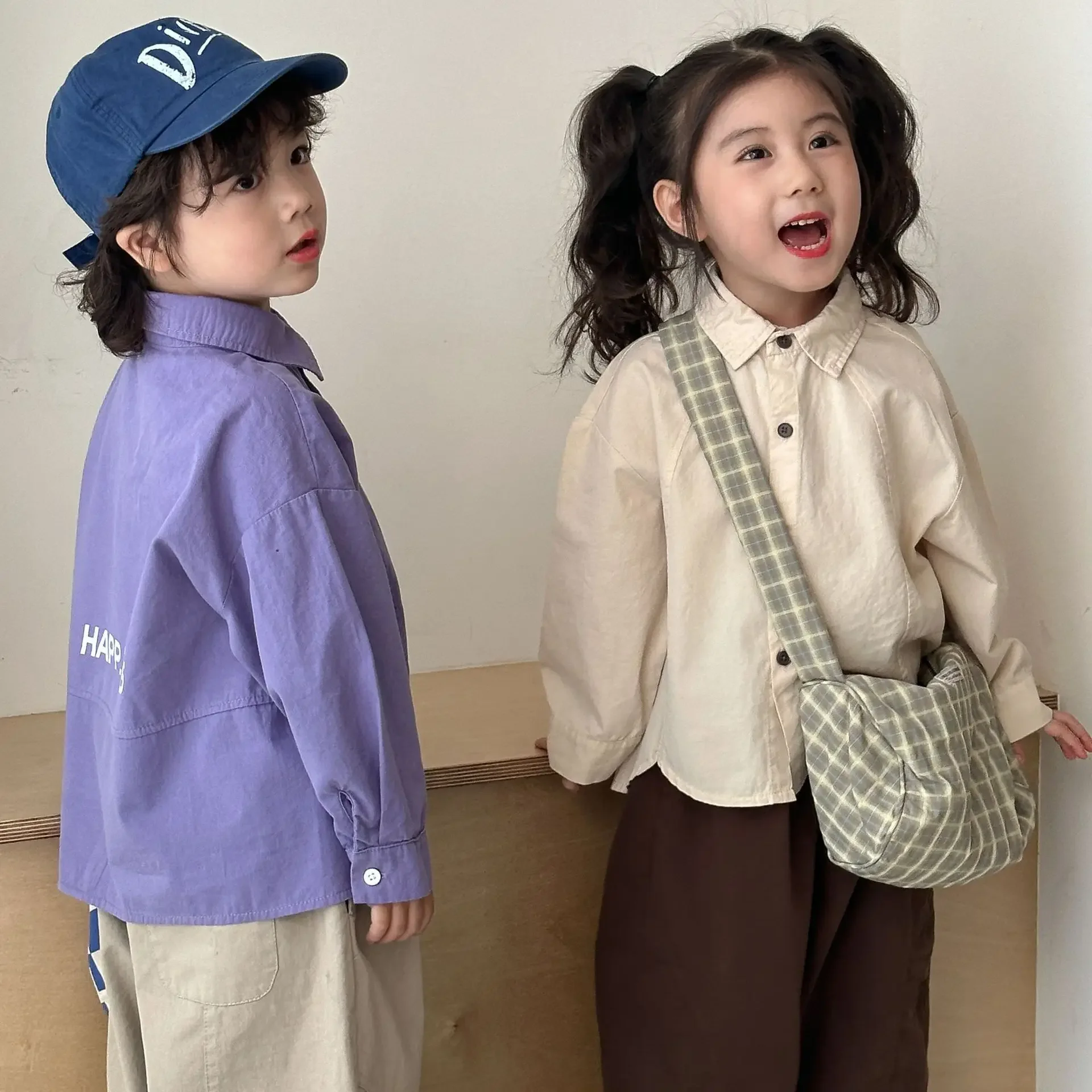 2025 Spring New Children Long Sleeve Shirts Cotton Baby Girls Lapel Versatile Tops Boys Solid Casual Shirts Kids Clothes