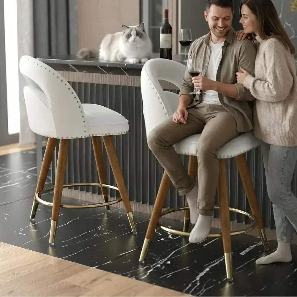Pair of 24 Swivel Bar Stools, Cream Velvet Upholstery, Counter Height with Backs, Solid Wood Legs view 3