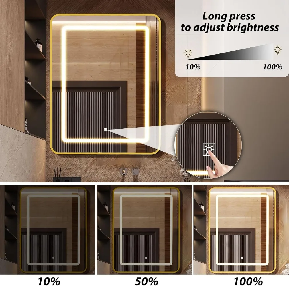 APRILSOUL 20X30 Inch Gold Bathroom Medicine Cabinet with Mirror, Recessed or Surface Lighted Medicine Cabinet with 3 Colors