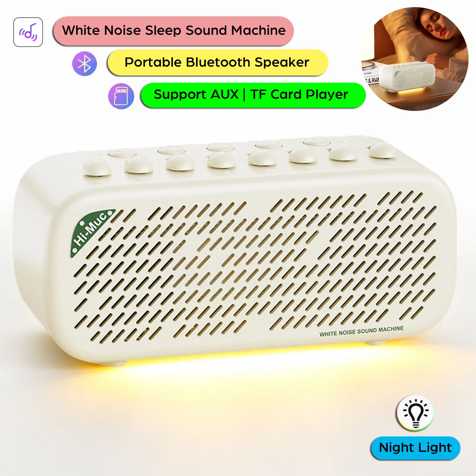 

Portable White Noise Bluetooth Speaker Nature Sound Sleep Aid Music Box Wireless Stereo TF Card MP3 Music Player Night Light