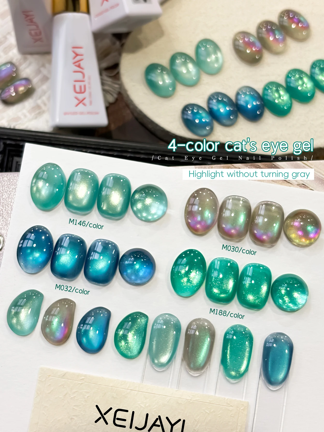 XEIJAYI 4 Stück 10ML Grüne Serie Katzenaugen-Nagelgel-Lack Semi-Permanenter Nagel-Art UV-LED-Lack für Nagelstudios und DIY-Nagelstudios – Detail 4