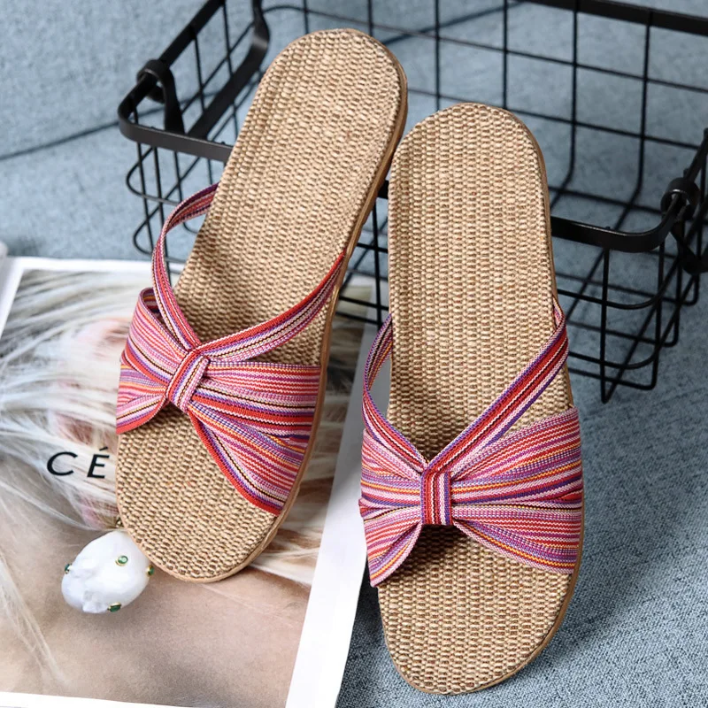 Mntrerm Slippers Female Summer 2023 New Linen Indoor Home Floor Non-Slip Home Home Cute Lady Sandals And Slippers Hemp