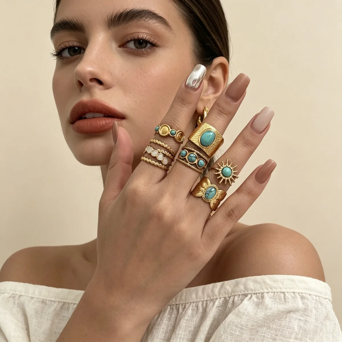 Edelstahl Blau Naturstein Geometrische Fingerringe für Damen und Herren Französischer Vintage Sonnenblumen-Blatt Runder Ovaler Ring Schmuck – Detail 11