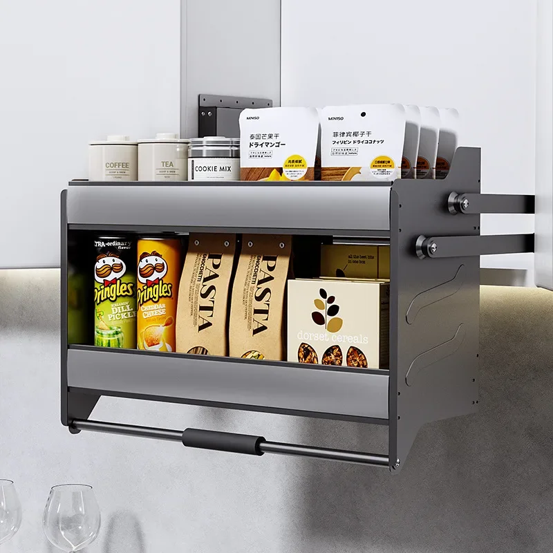 Hanging cabinet pull basket kitchen cabinet lift type top built-in glass up down seasoning aluminum alloy storage rack
