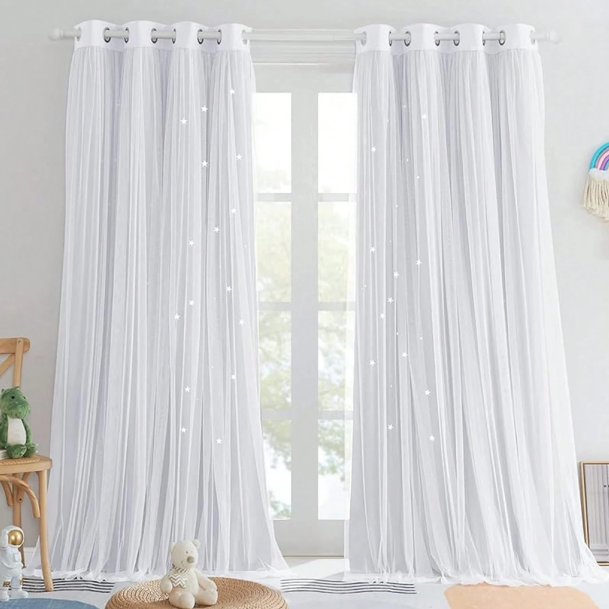 1pc Starry Hollow Polyester Blackout Curtain With Lace, Girls' Princess Style Dual-Layer Window Treatment Darkening Curtain