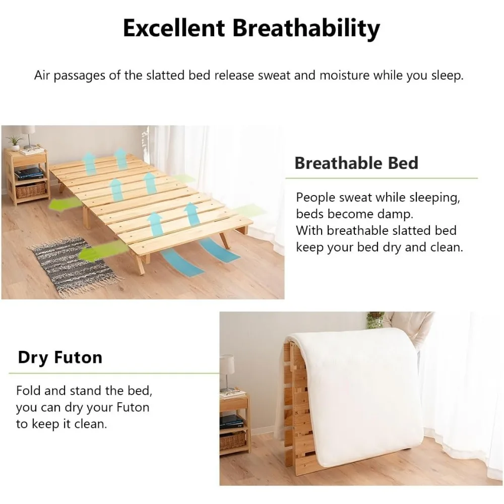 إطار سرير أرضي شرائحي من الخشب قابل للطي OSMOS صنوبر صلب مزدوج (طبيعي للأرض)، سهل التجميع وموفر للمساحة وأرضية قابلة للتخزين من تاتامي