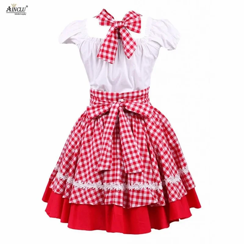 Ainclu Womens Girls Short Sleeves Blouse And Red Grid Checked Dress Sweet Lolita Suit Cotton/Including Blouse and Sling Dress