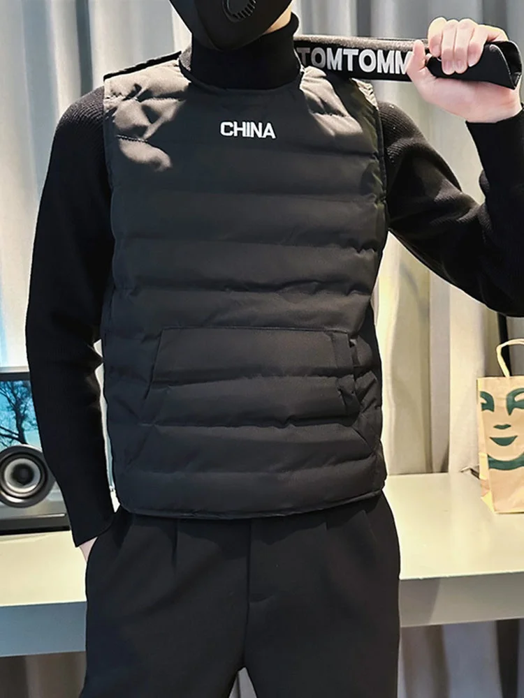 

Мужской пуховый жилет в уличном стиле с вышивкой букв, теплая верхняя одежда, куртка для осени и зимы, модная молодежная модель из эластичного полиэстера