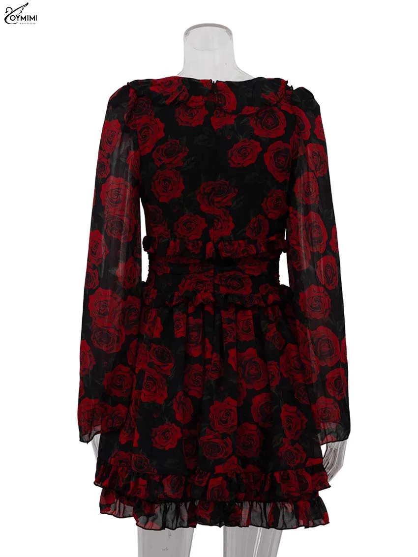 Oymimi Elegant Red Print Womens Dresses Fashion V-Neck Long Sleeve Button Dresses Casual High Waisted Ruffled Mini Dress Female - Image 6