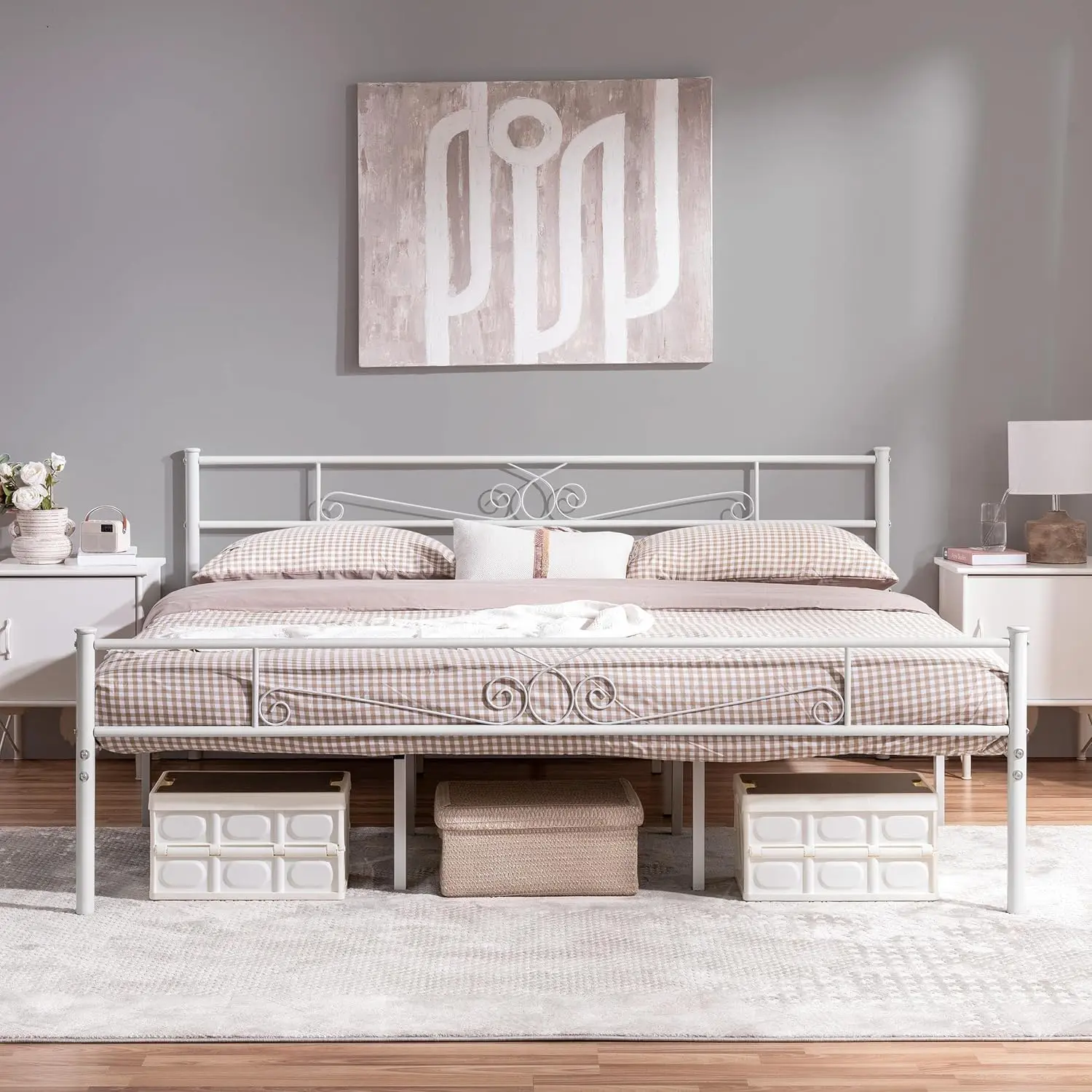 King Bed Frames Metal Graceful Scroll Platform Bed with Headboard and Footboard for Bedrooms No Box Spring Needed Easy Assembly,