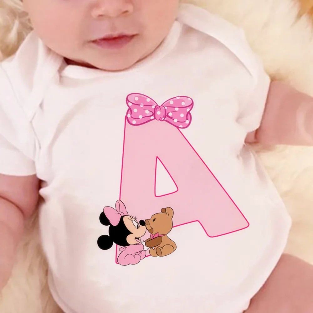 Cute Baby Custom Name Letter Combination Printing Bodysuit Minnie Mouse Letter Font A B C D E F G Short Sleeve Cotton Jumpsuit