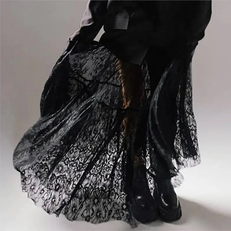 

Fashion Perspective Mesh Skirts 2025 Spring Summer High Waist Big Swing Lace Hollow Out Black Skirt Sexy Girl Loose Party Dress