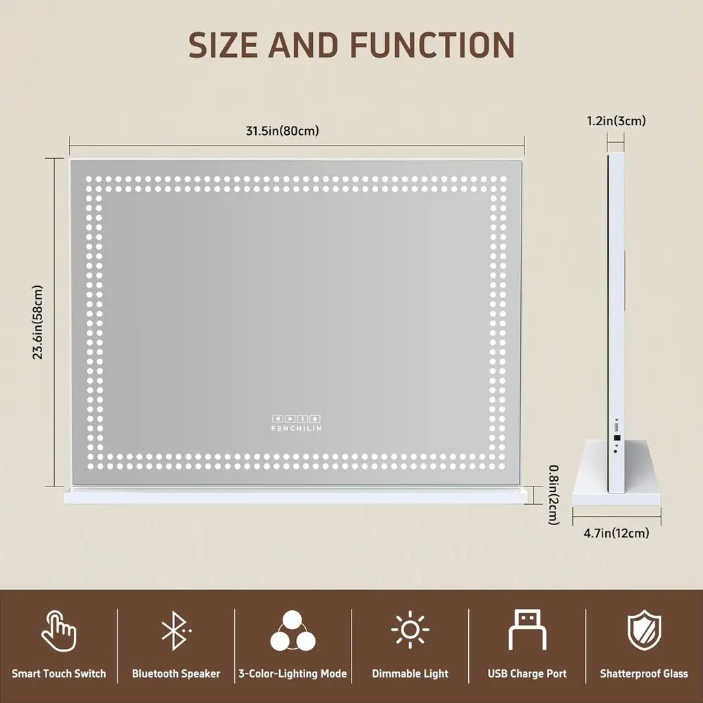 مرآة زينة بإضاءة LED 31.5 × 22.8 مع مكبر صوت بلوتوث ومنفذ شحن USB، 3 أوضاع ألوان #5