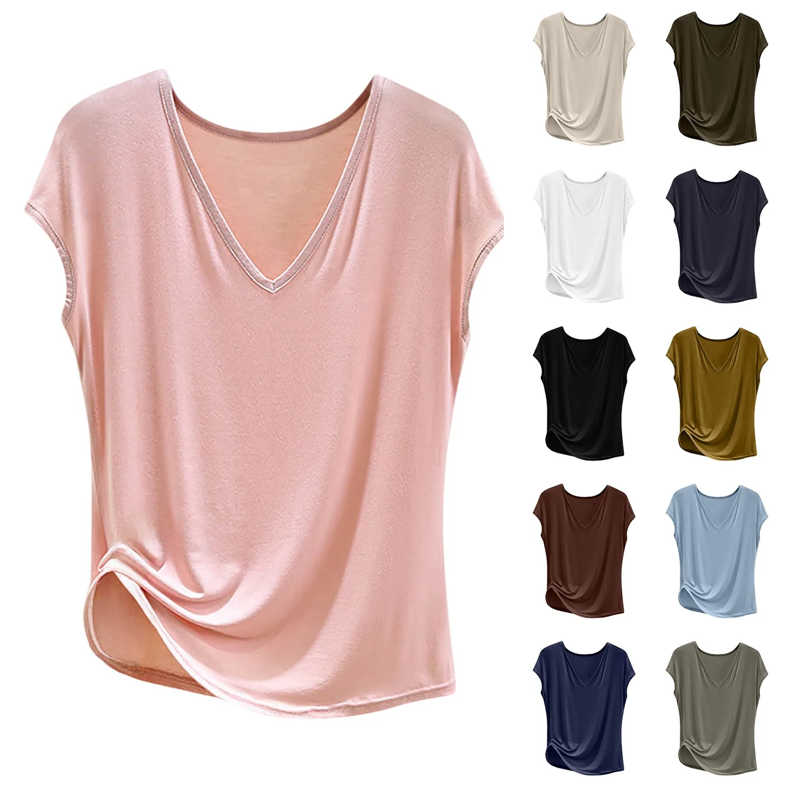 تي شيرت كلاسيكي خفيف الوزن وناعم ومسامي برقبة على شكل حرف V للسيدات، قميص مريح فضفاض ومتعدد الاستخدامات للاستخدام اليومي