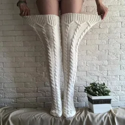 Women Knit Solid Thick Over Knee Knitted Stocking Christmas Knitting Thigh High Warm Stockings Winter Soft Long Socks Female