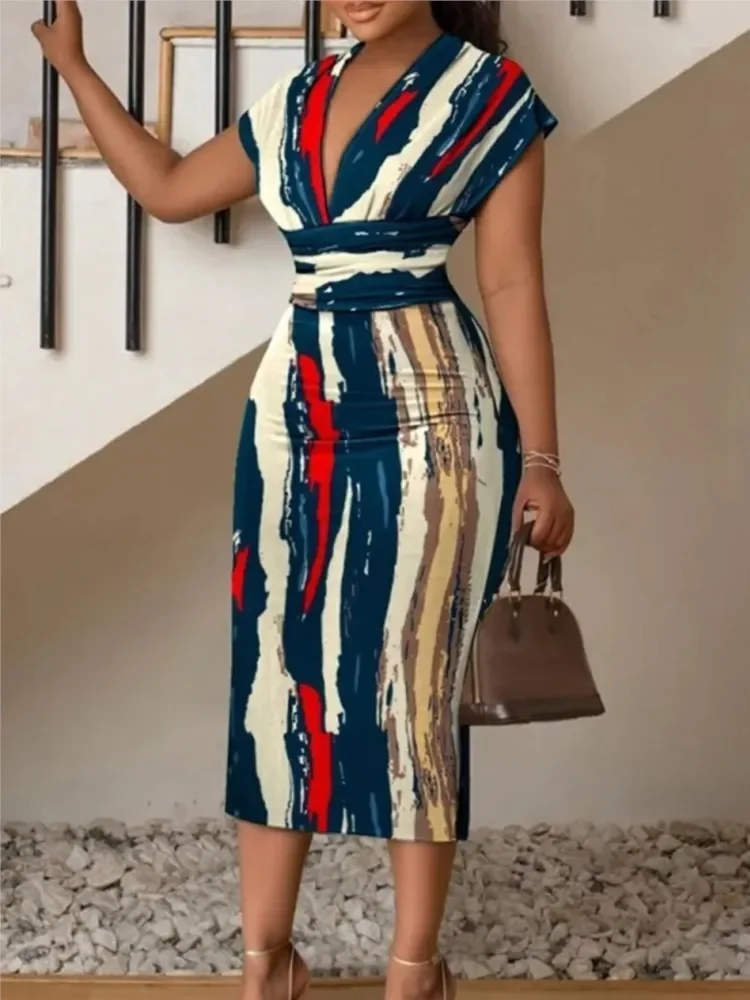 Sexy decote em v sem mangas vestido senhora do escritório primavera verão moda elegante pães vestidos de impressão para mulher 2025