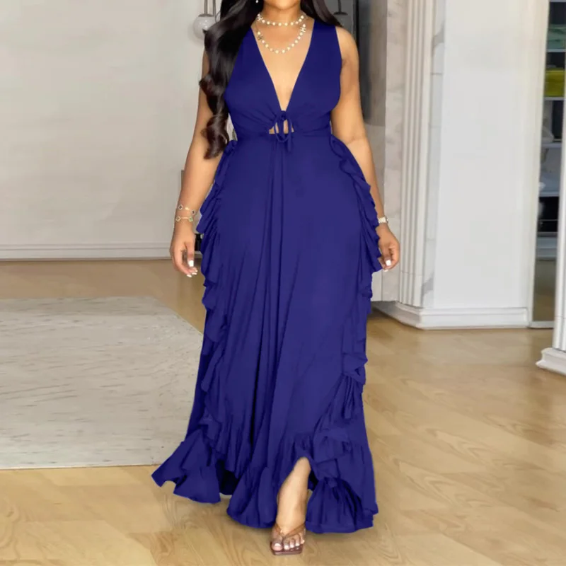 Slergiri vestido de talla grande con escote en V profundo y volantes para mujer, vestidos largos de fiesta sin mangas de cintura alta elegantes de verano 2025
