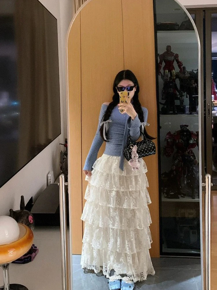 

Ele Lace High Waist A-Line Skirt Women's 2025 New Autumn Winter Fairy Aosphere f Body Skirt Baking Cake Skirt E...
