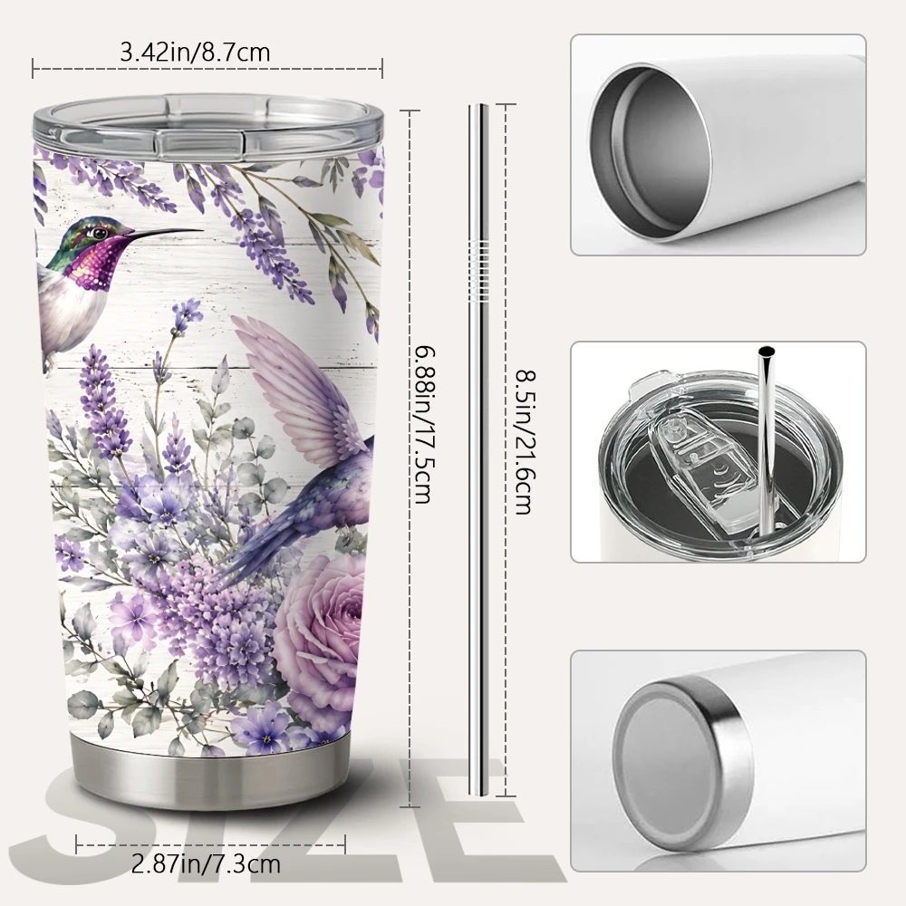 Lavender Hummingbird Vacuum Flasks 20oz Long Lasting Hot Cold Drinks Container Leakproof Stainless Steel Cup&Straw&Travel Gift