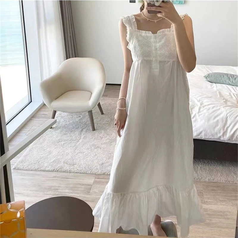 White Korean Autumn Nightgown Women Sleeveless Square Collar Long Sleepwear Lace Crochet French Night Dress Elegant Sweet