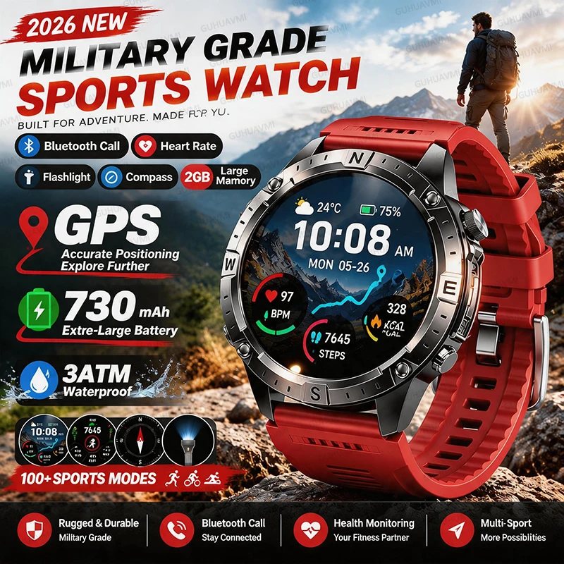 New TANK Military GPS Offline Map Smart Watch 730mAh 3 ATM Waterproof Sports Compass Heart Rate 2GB HD Bluetooth Call SmartWatch
