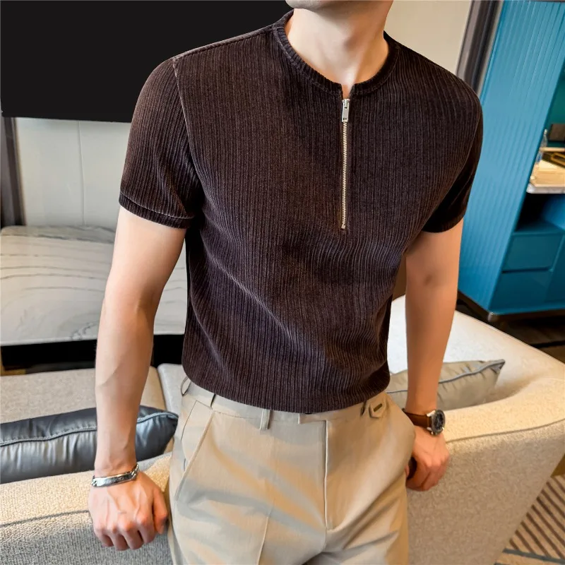 Summer Half Zipper Chenier Men's Short Sleeved T-shirt Trendy Versatile Breathable Casual T-shirts Elastic Business Social Top