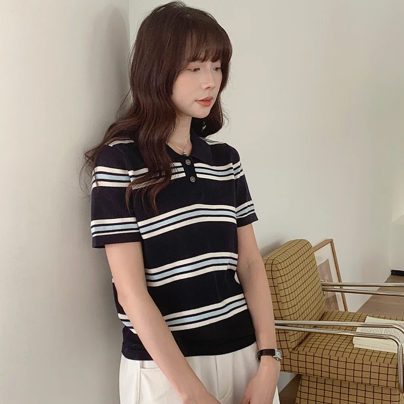 Summer 100% cotton women's T-shirt casual striped knit pullover short sleeved l… - Image 4