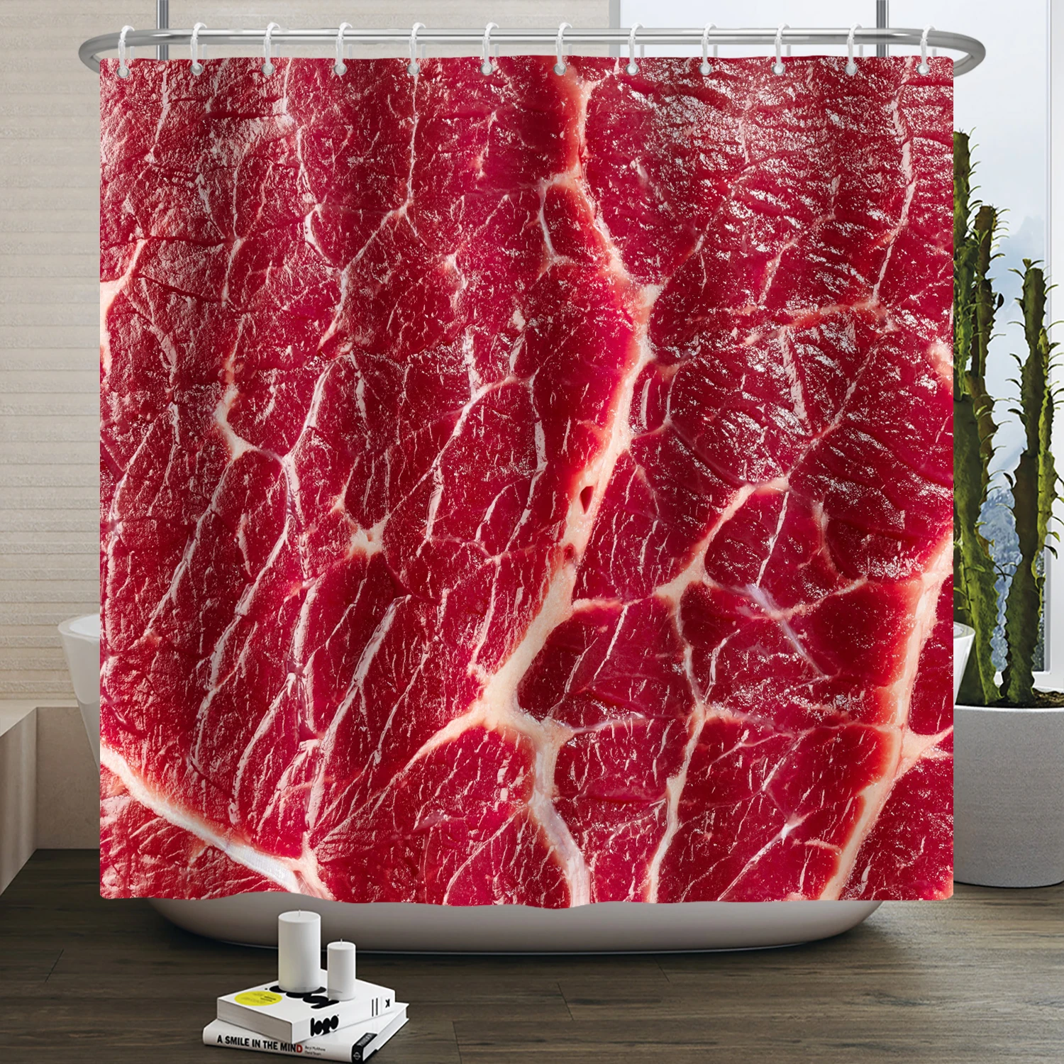 

Red Beef Shower Curtain Meat Raw Food Meal Steak Bathroom Curtains Waterproof Fabric Bathing Bathtub Screen with Hooks 180x240