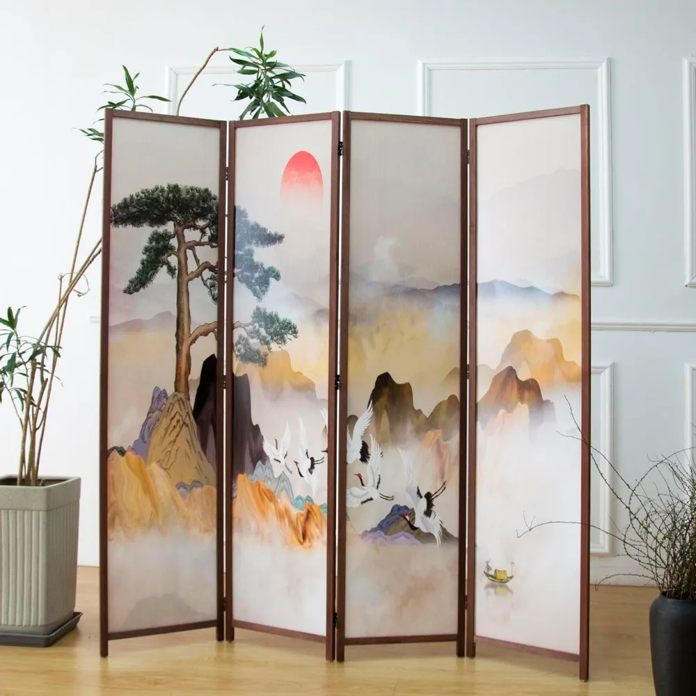 Folding Double-Sided Room Divider Screen with Colorful Landscape Design, 67 High x 63 Wide