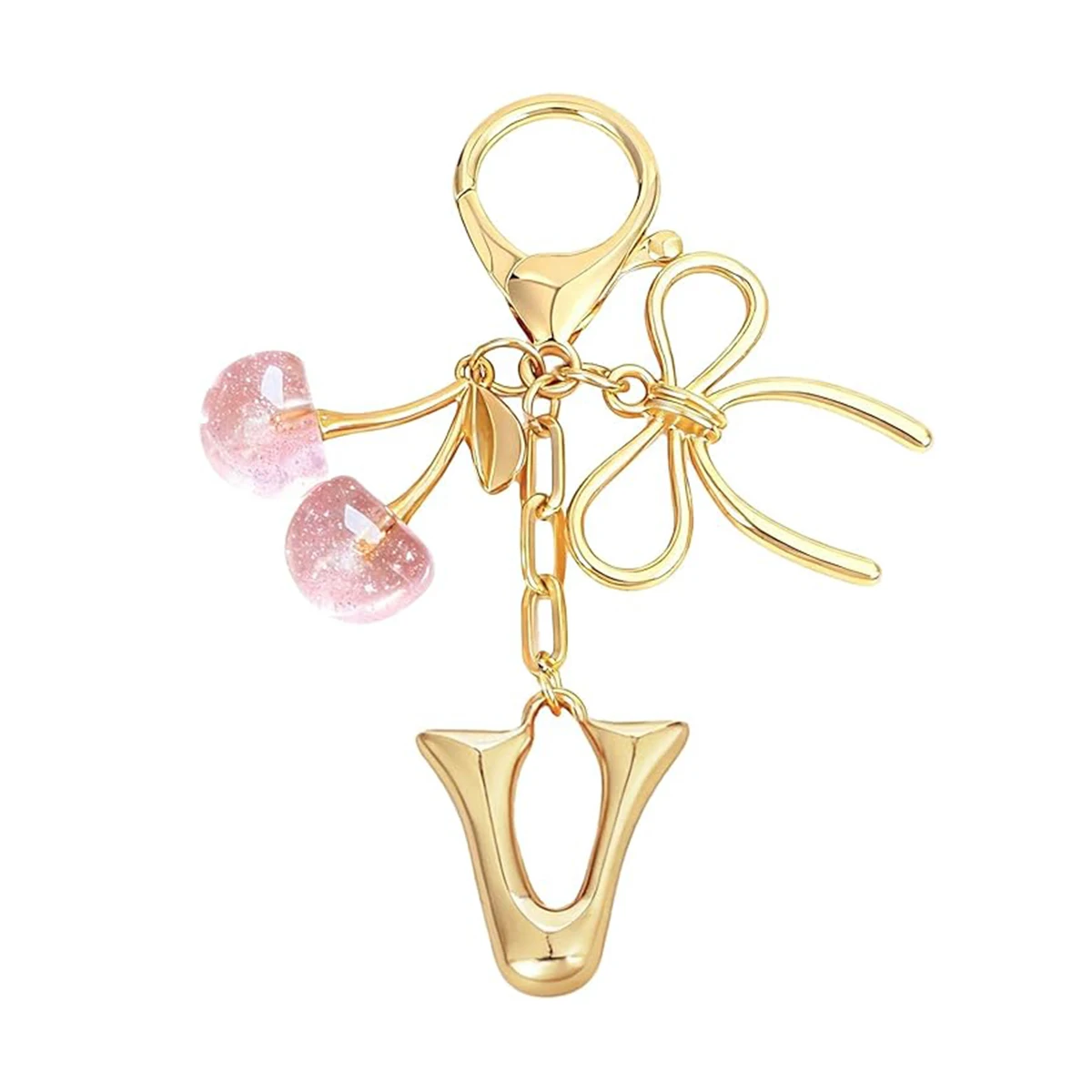 Gold Letter Bubble Initial Keychain with Bow & Cherry, Cute Handbag Accessory
