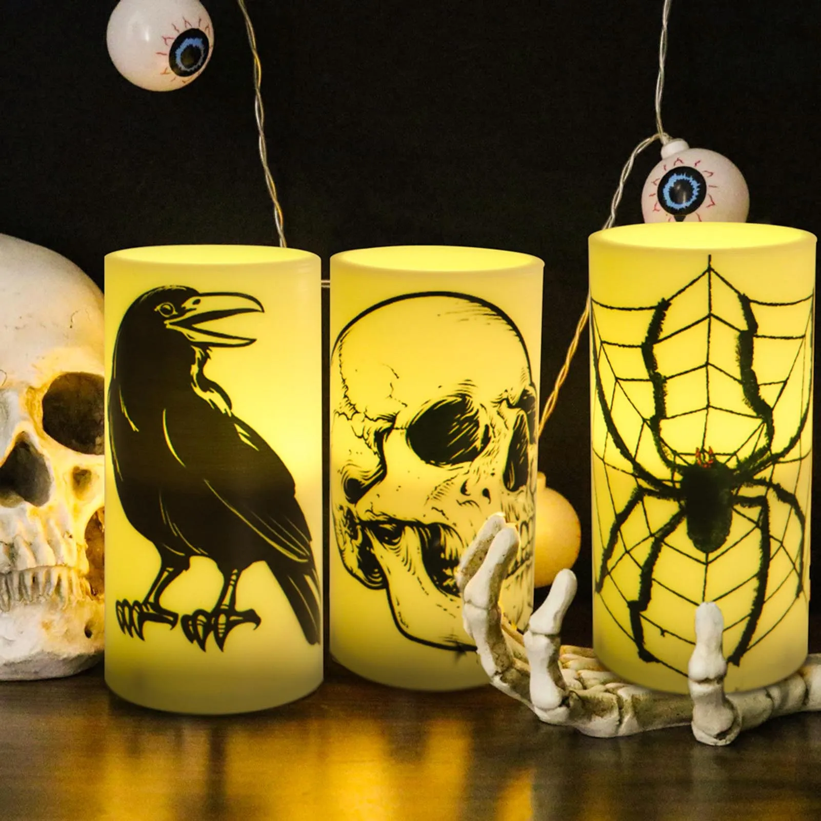 Halloween Flickering LED Candles with Creative Human Skull Black Bird Crow Raven Decals for Friend Family Neighbors Gift