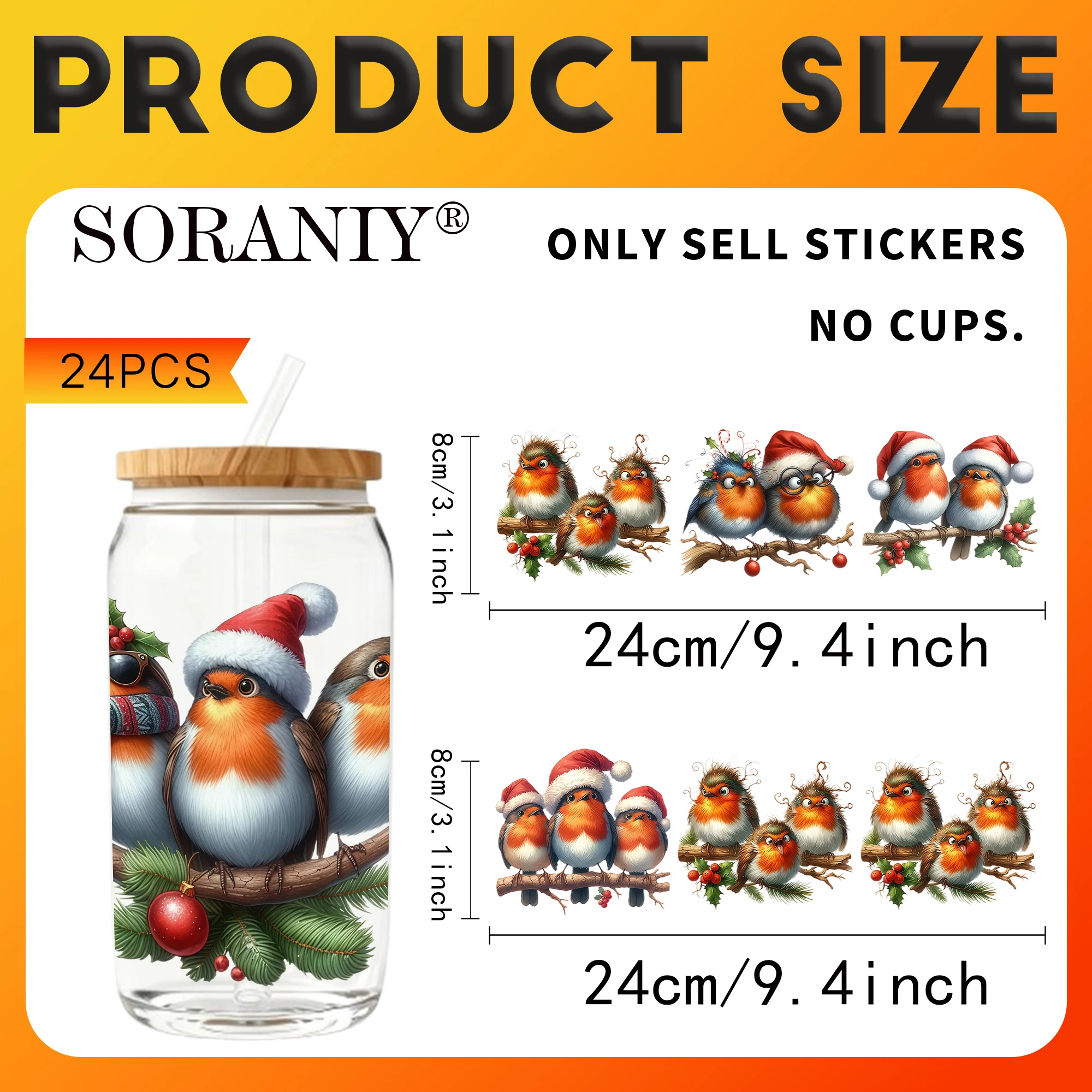 UV DTF Cup Stickers - 24Pcs/Set Christmas Santa Robin Bird Waterproof 16Oz Glass Jar DIY Transfer Decal, High Viscosity Easy Use