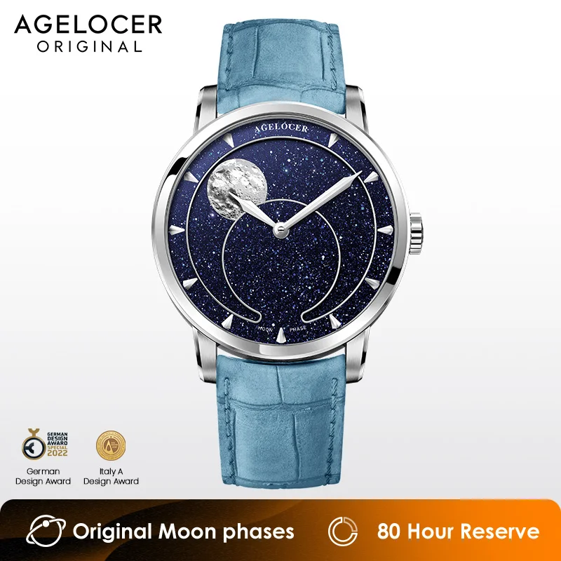 AGELOCER Original Astronomer Watch Blue Aventurine Dial Men's Luxury Automatic Mechanical Moon Phase Watch Birthday Gift for Men