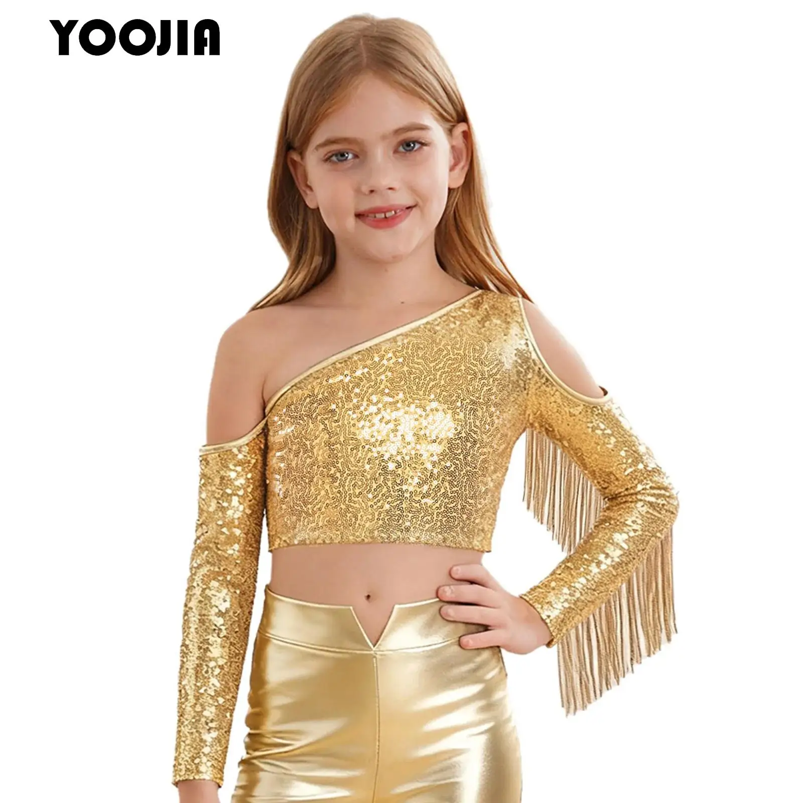 

Girls Jazz Hip-hop Dance Tops Metallic Sequins One Shoulder Long Sleeve Tassels Crop Top T-Shirts Movie Character Stage Clothes