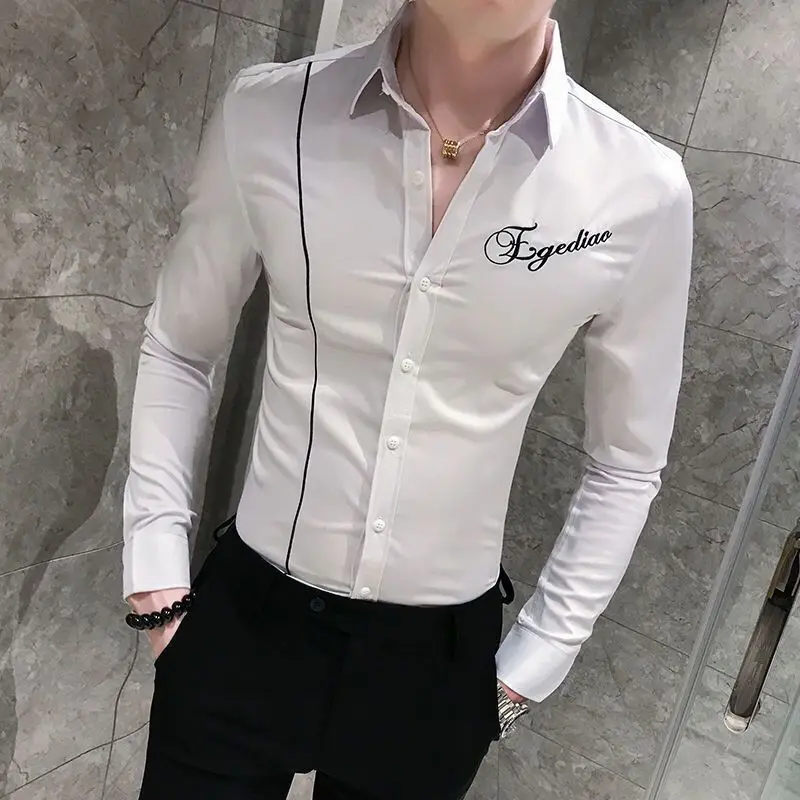 Camisas bordadas combinables con botones y solapa para hombre, ropa informal, ajustada, coreana, primavera y verano, 2024
