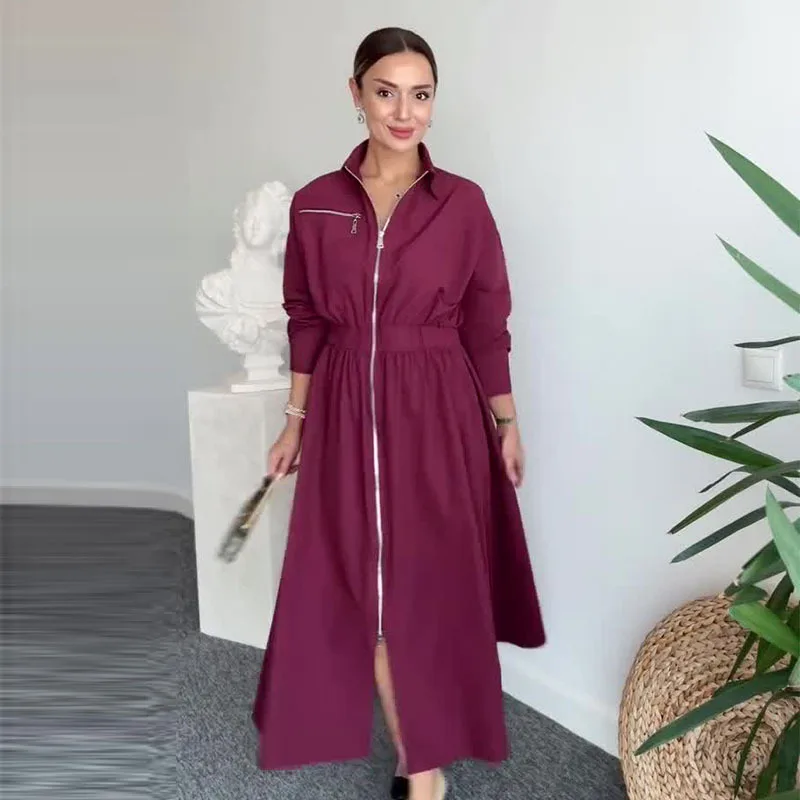 Spring Autumn New Waist Hugging Long Sleeved Dress for Women Fashionable Simple Solid Color Shirt Collar Mid Waist A Line Dress