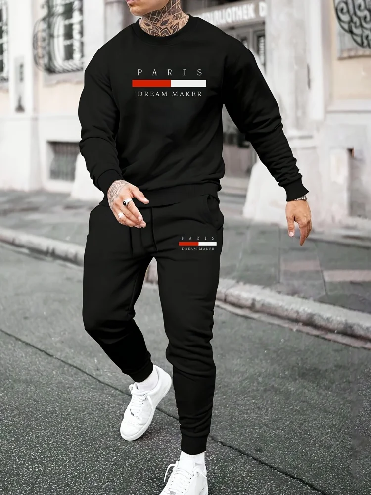 Fall New Arrival Men's Long-Sleeve Two-Piece Set 3D Printed Crew Neck Long-Sleeve Top & Athletic Pants Outdoor Streetwear Set