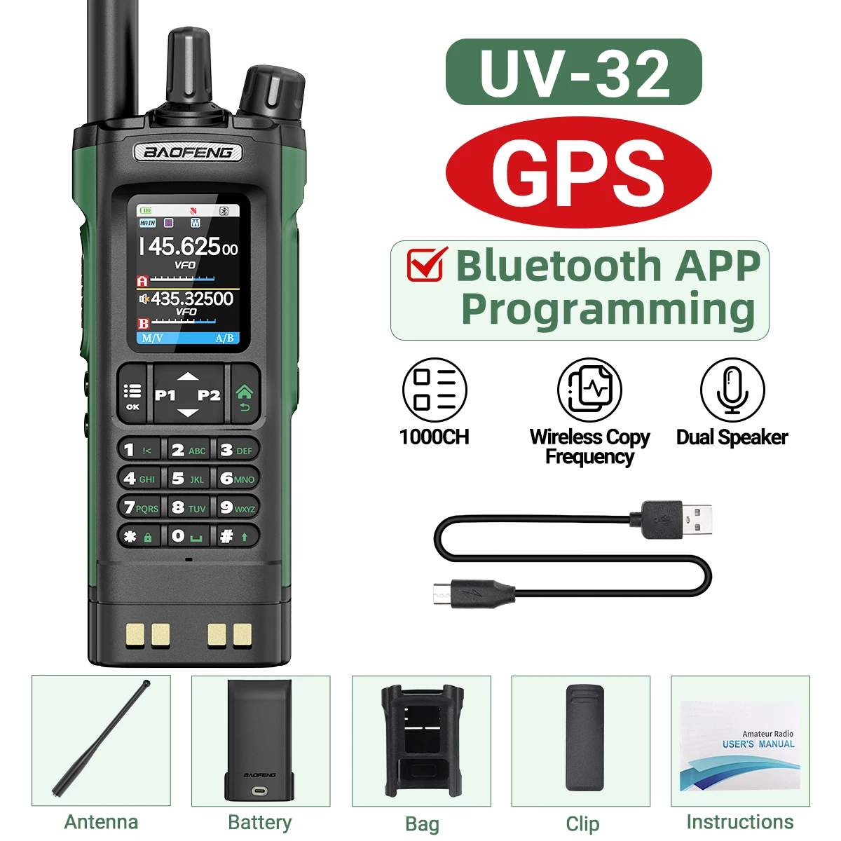 BAOFENG UV-32 GPS Walkie Talkie 10W Multi Band Bluetooth Programmering Draadloze Kopieerfrequentie NOAA Lange afstand Ham Two Way Radio