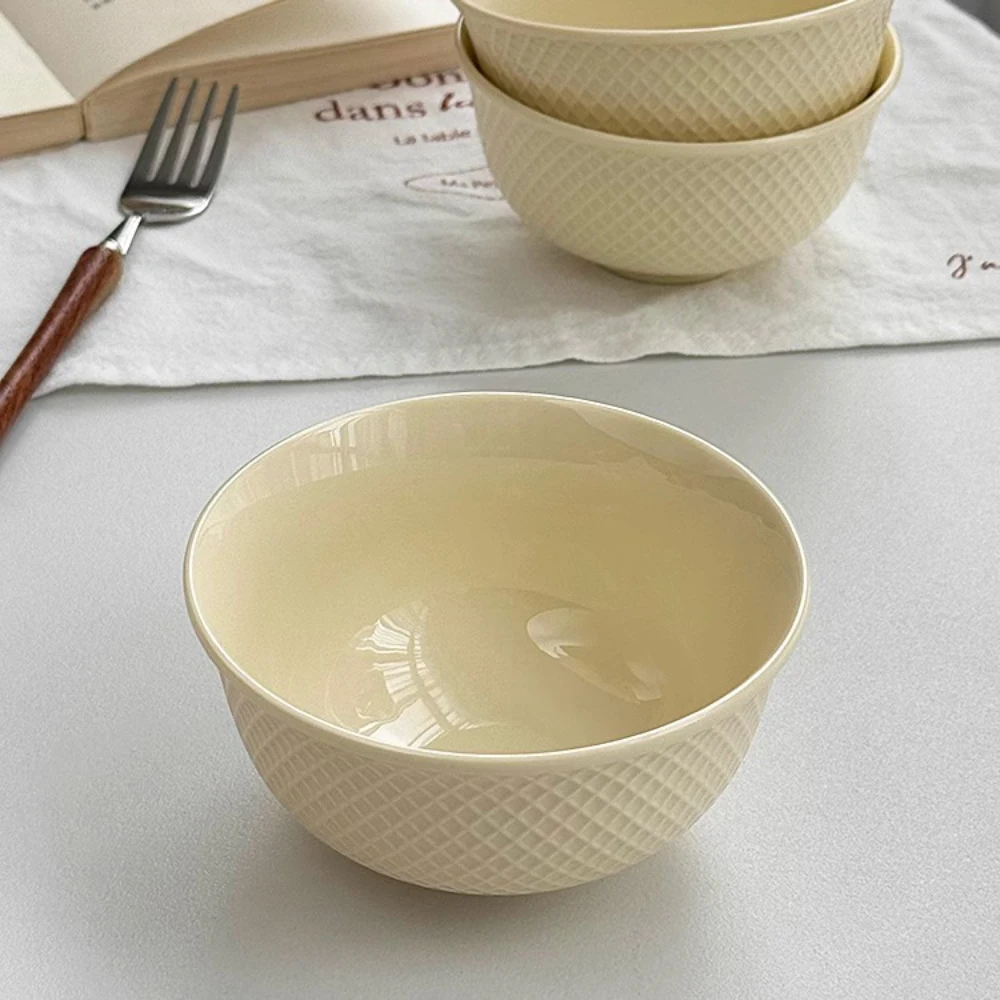 Household Ceramic Bowl European Style Creative Round Grids Relief Solid Color Porcelain Dinnerware Lunch Soup Rice Salad Bowls