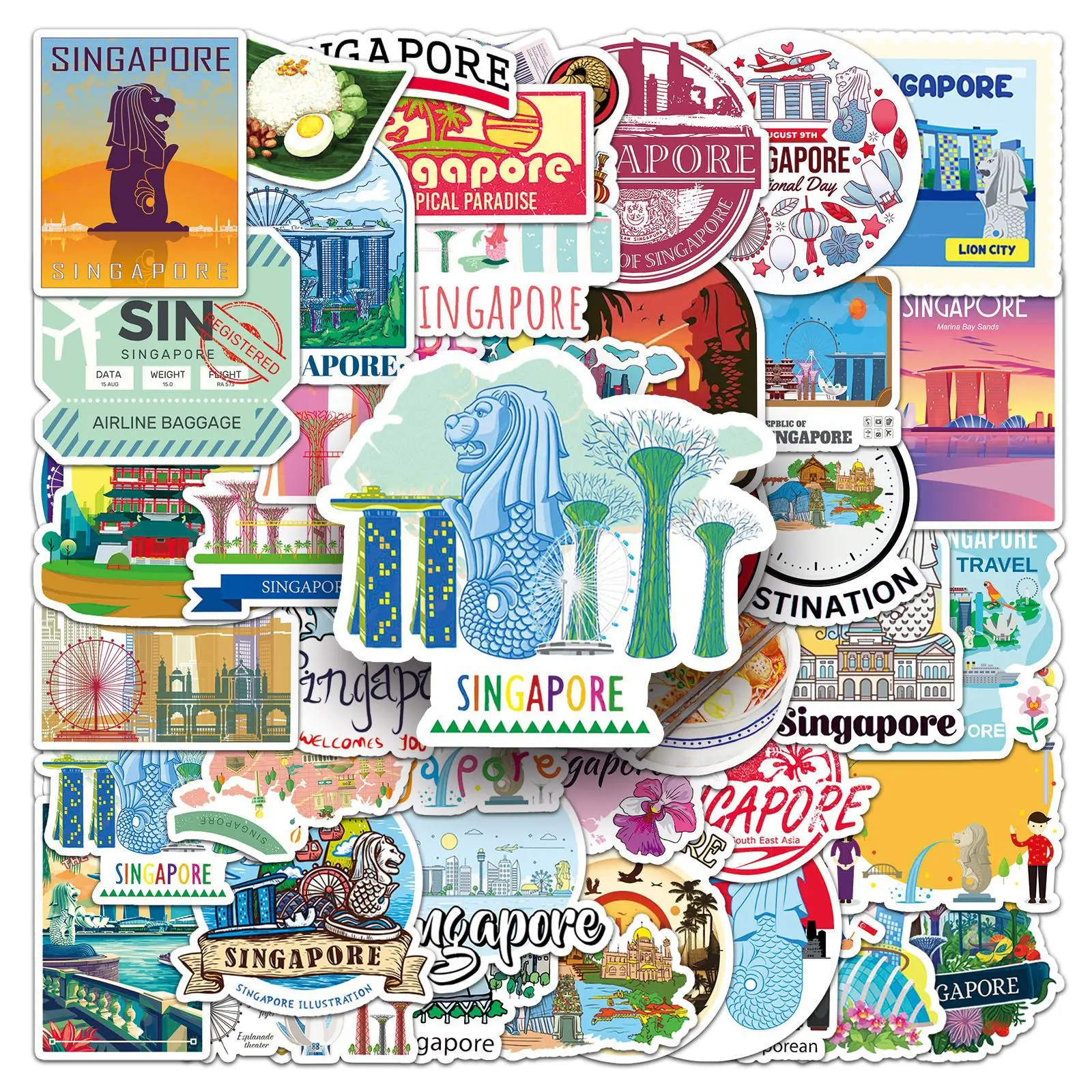 

50Pcs Singapore Travel Stickers Waterproof Travel Souvenir Decals for Luggage Suitcase Water Bottle Laptop Skateboard DIY Decor