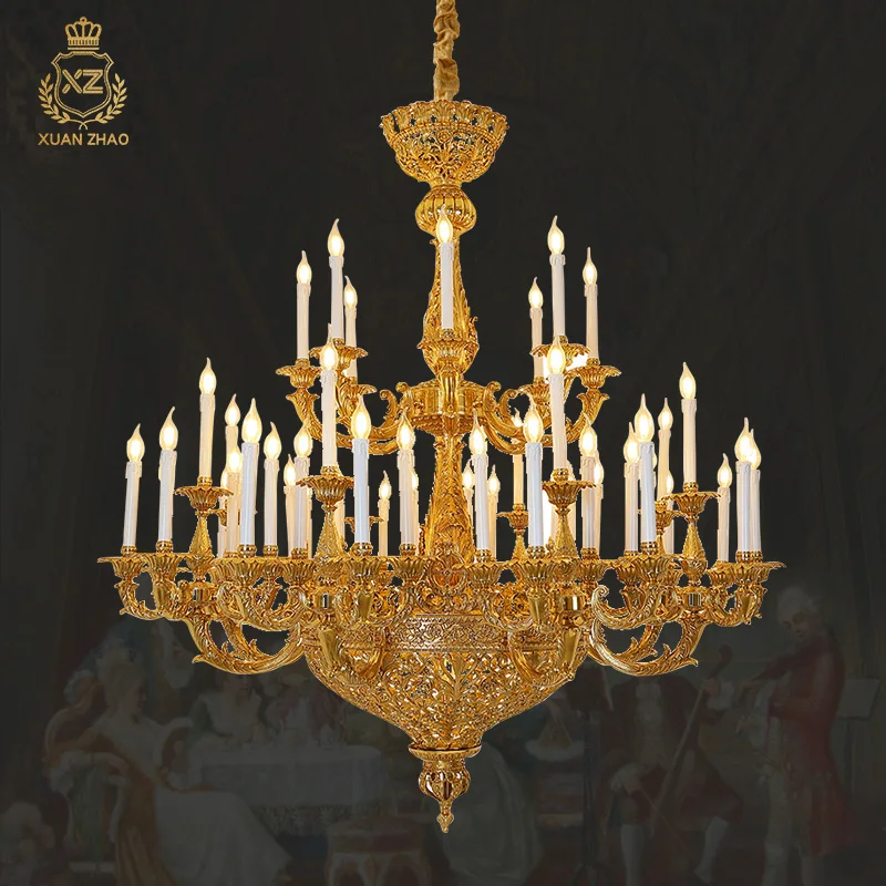 Grand lustre européen en laiton pour villa, salon, hôtel duplex, lampe de salle de banquet, suspension en cuivre français, corrigé par