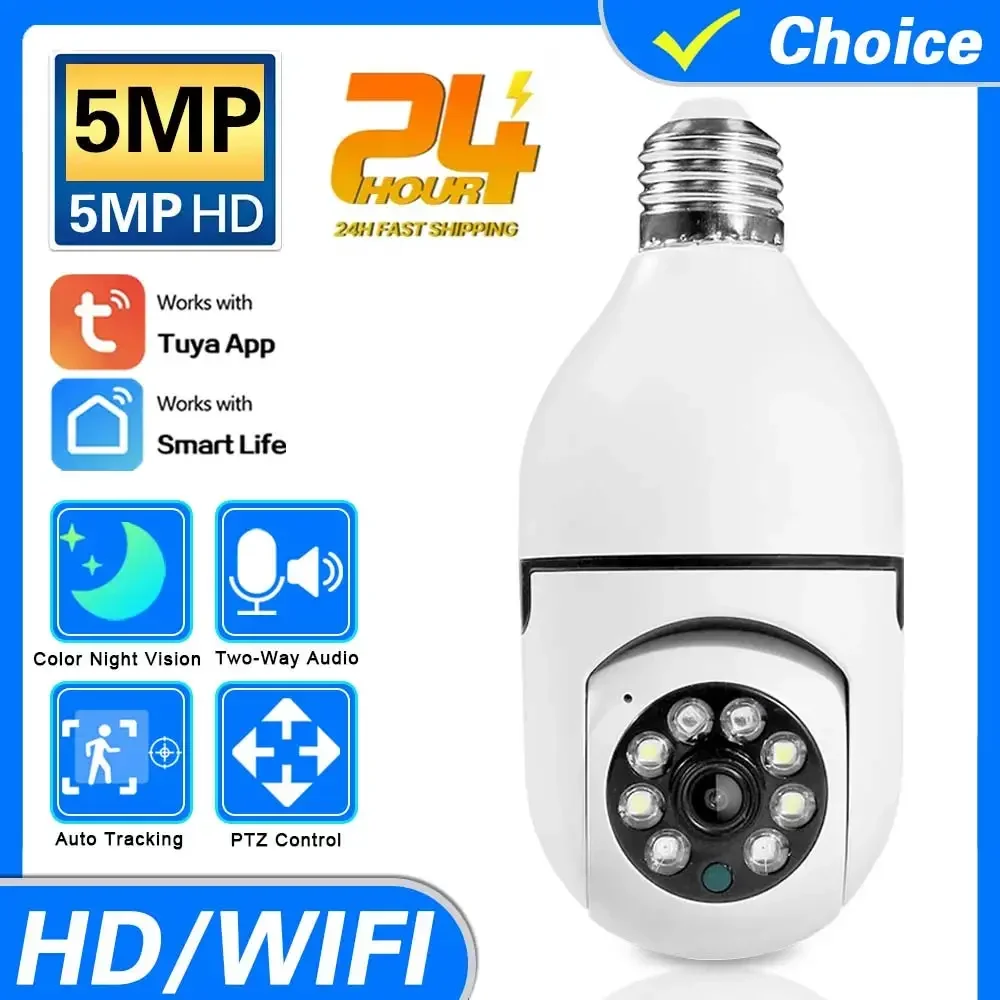 5MP TUYA Color Night Vision Wireless Wifi Camera Smart Security Camera 360 Rotate Wifi IP PTZ Light Bulb Camera For Outdoor Home