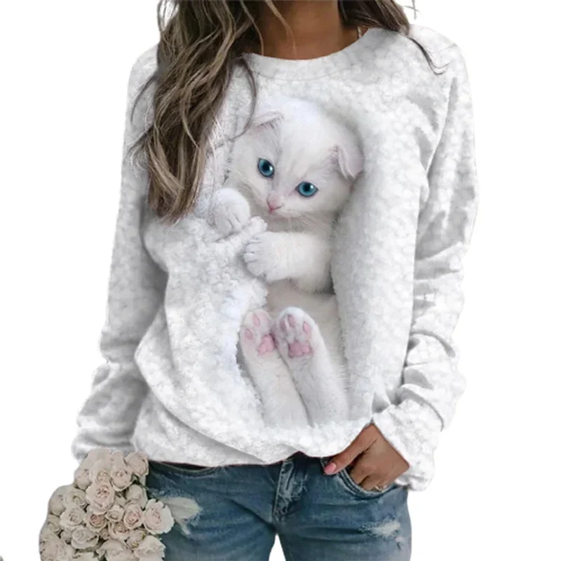 

Women Spring Autumn O Neck Pullover Hoodie Cute Cat Print Comfortable Casual Sweatshirt Female New Korean Loose Long Sleeve Tops