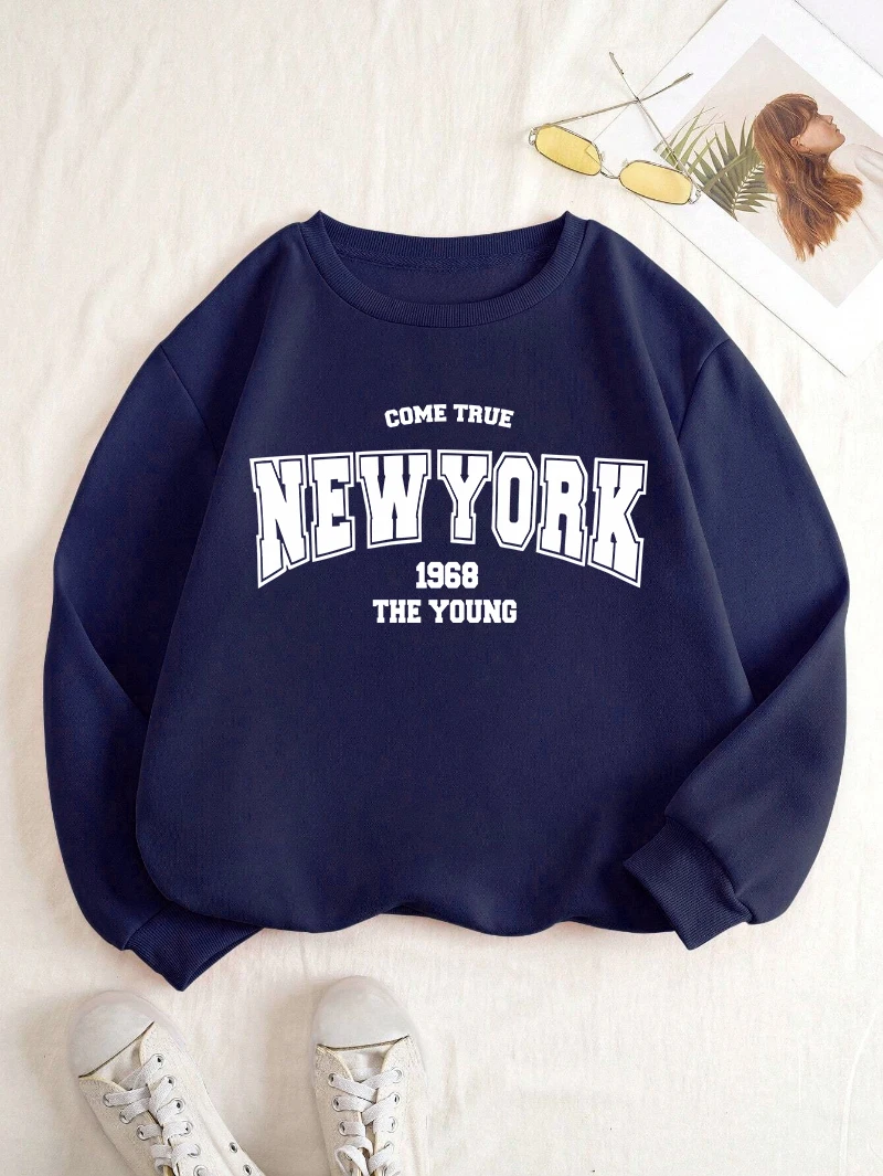 Cartoons Women Hoodie New York 1968 Letter Printing Sweatshirt Soft Breathable Loose Crewneck Pullover Fashion Female Clothing