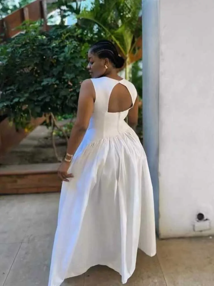 Classic French Dress Women Elegant O Neck Long Sleeveless Dress Cut Out Backless Summer Casual High Waist Slim Tank Top Dress